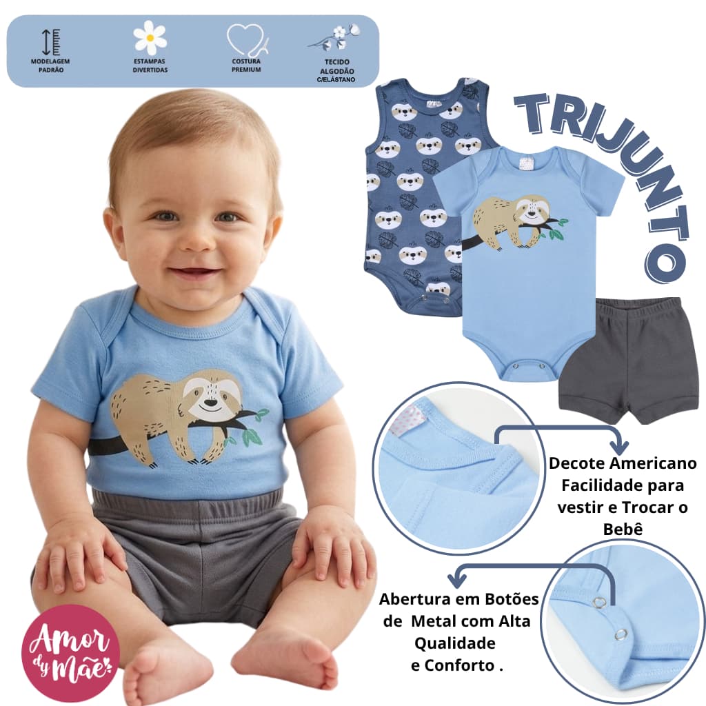 Kit 3 Peças Body Bebê Verão Manga Curta Regata Short Masculino P ao GG.