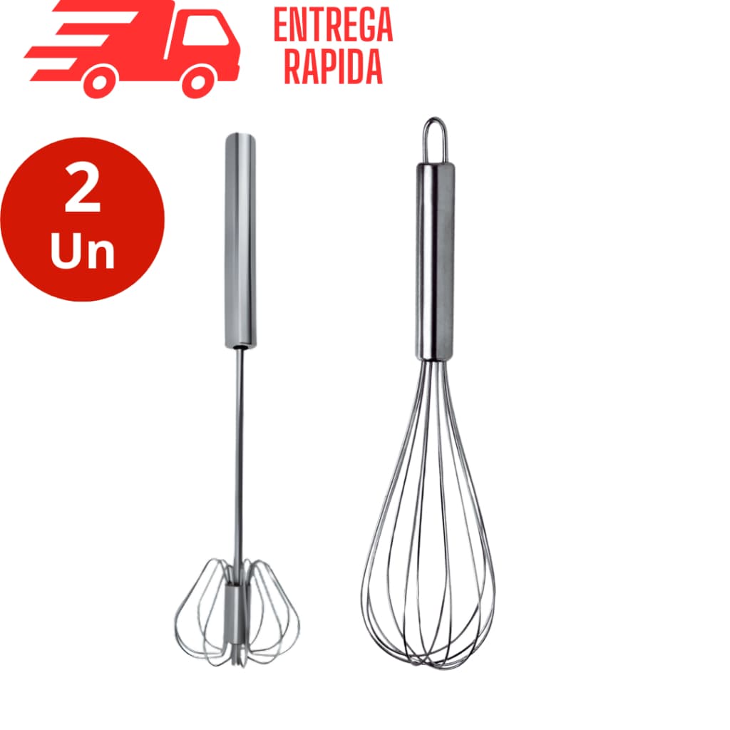 Kit Batedor Fue Semi Automático 2 Peças Ovos Molhos Bolo Utensílios Cozinha Confeitaria Fouet Aço Inox
