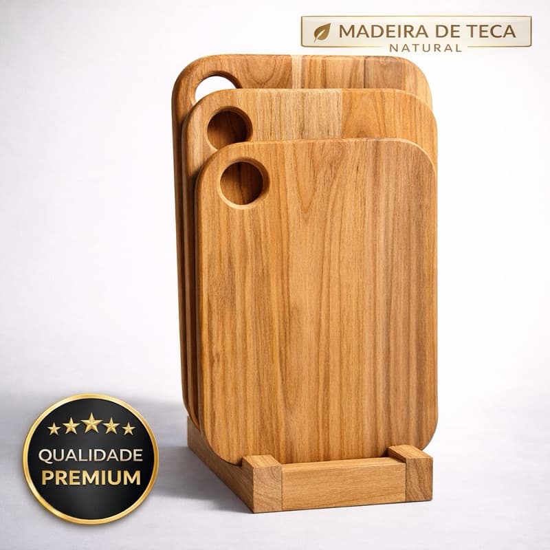 Kit 3 Tábuas de Carne em Madeira Teca com Suporte | Churrasco Gourmet | Corte de Carne e Cozinha