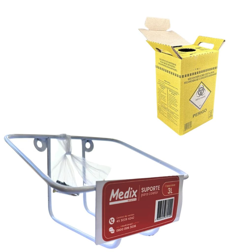 Kit Coletor Perfurocortante Suporte metal + Caixa 3 litros
