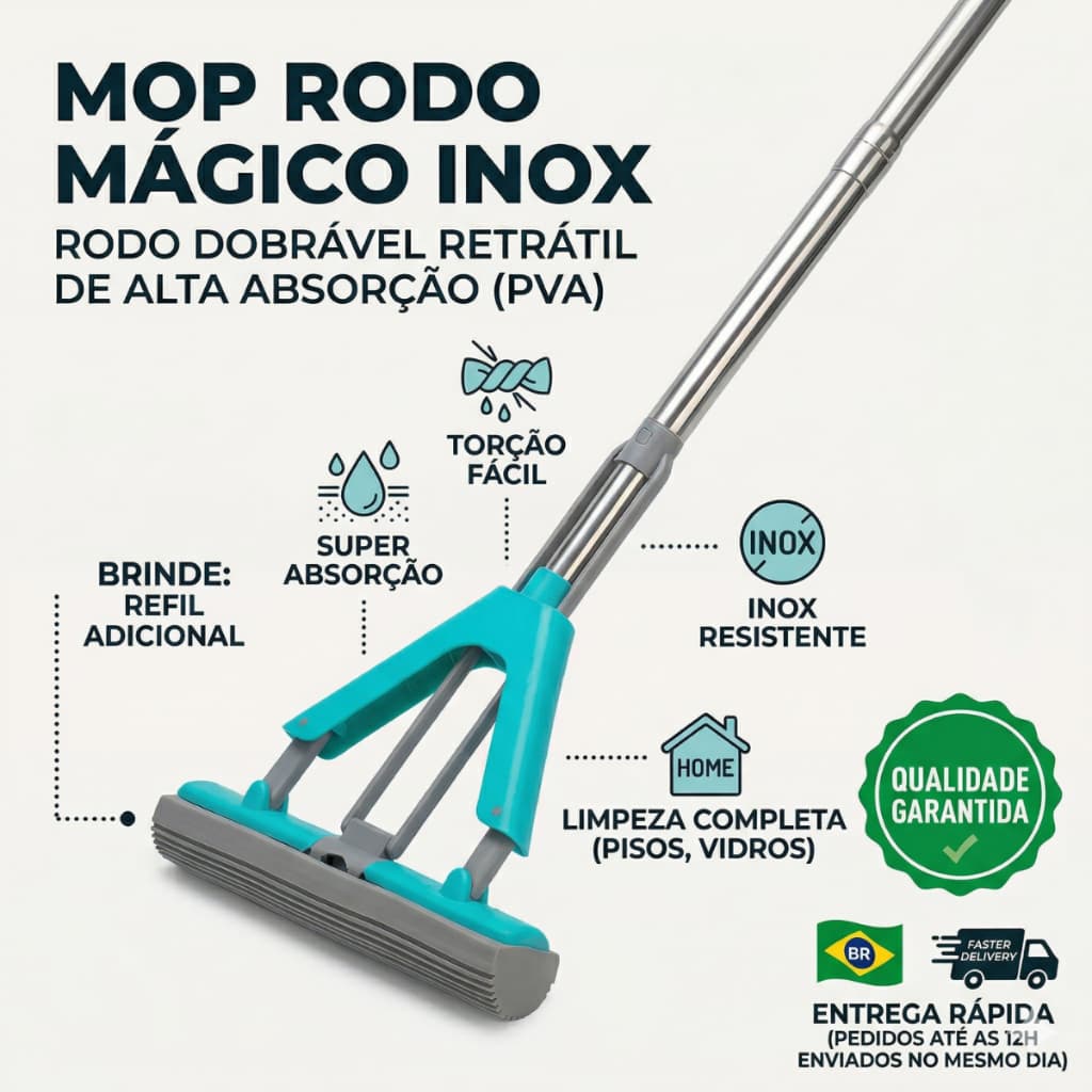 Mop Rodo Mágico Dobrável Absorvente Pva Limpeza Vidros Chão Inox Retrátil + Refil