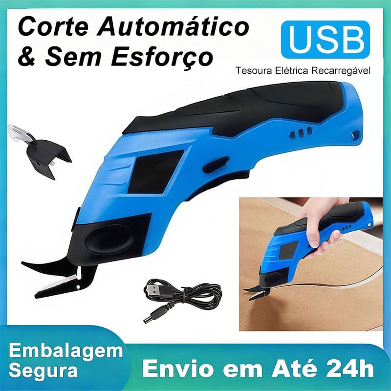 Tesoura Elétrica Portátil Recarregável USB 12V Bivolt para Tecido Couro Plástico Papelão
