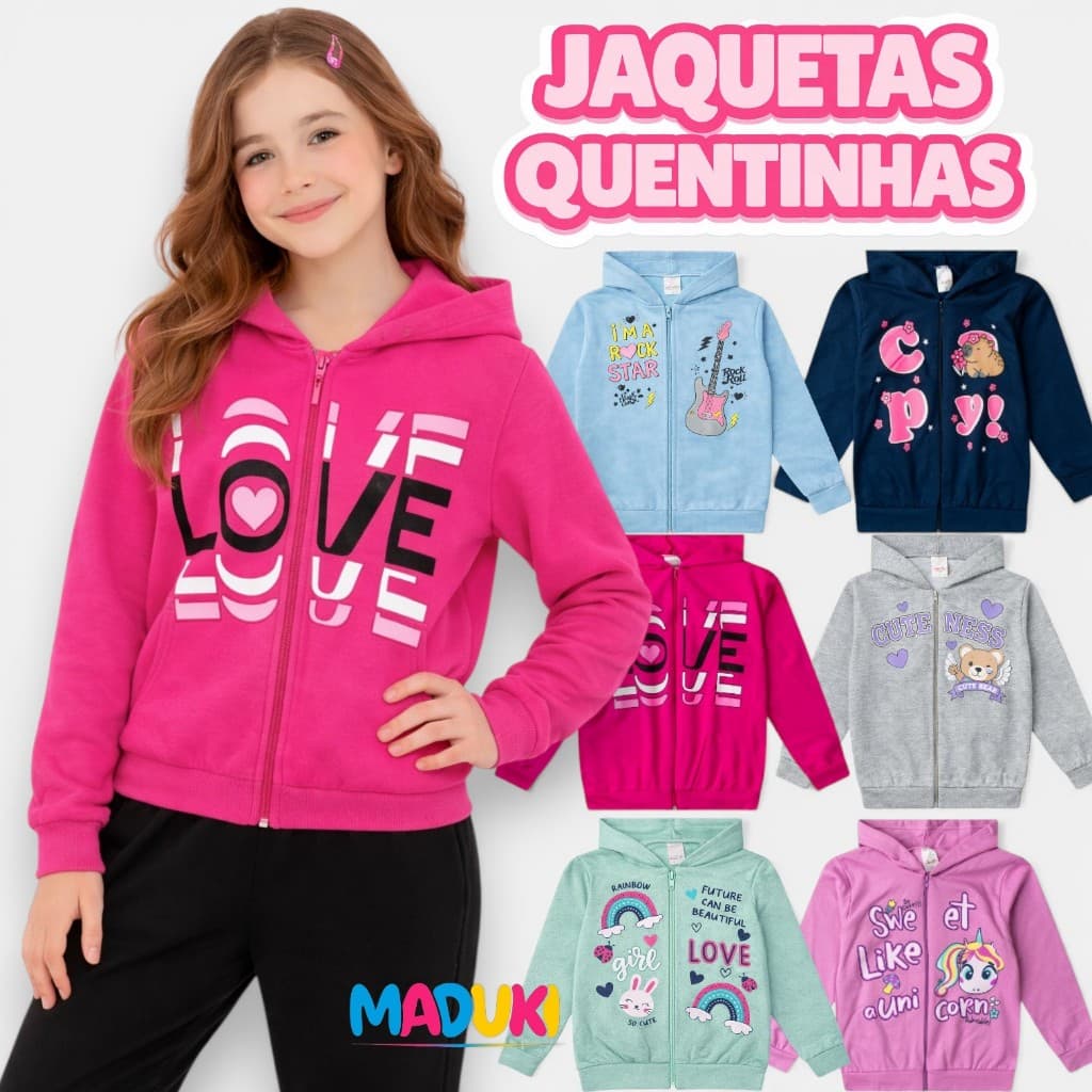 Kit 2 Jaquetas de Moletom Infantil Menina com Zíper e Capuz – Premium | 1 ao 16