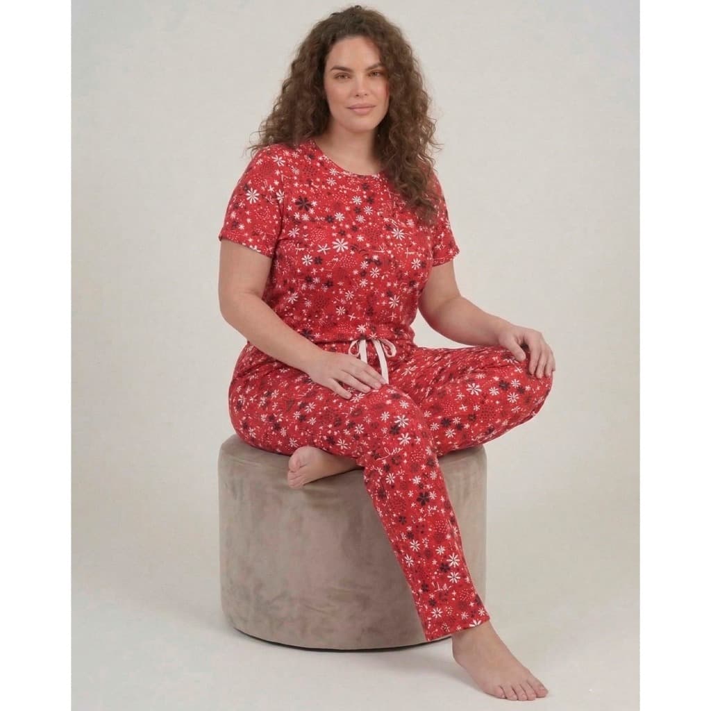 Pijama Feminino Adulto Estampado Manga Curta Calça Longa Suede Canelado Confortável