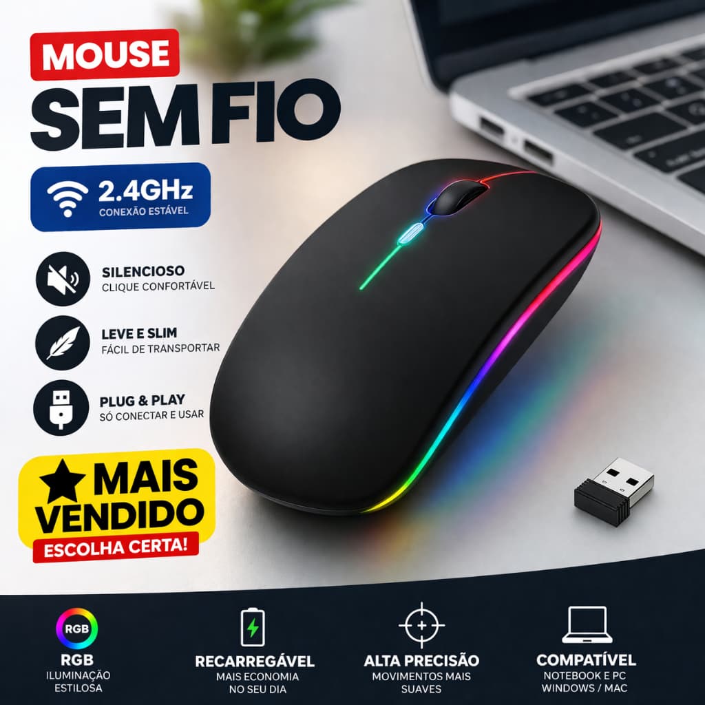 🖱️ Mouse Sem Fio Wireless RGB 2.4GHz USB Silencioso Slim Notebook PC ⭐ Mais Vendido