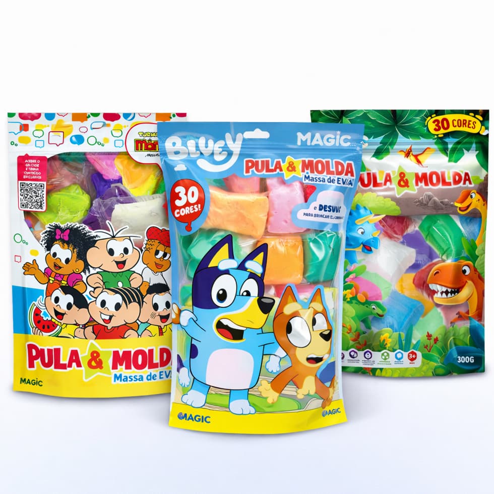 Massa de EVA  Pula e Molda Magic  30 Cores 300g | Bluey Unicornio Dinos Turma da Monica Patrulha