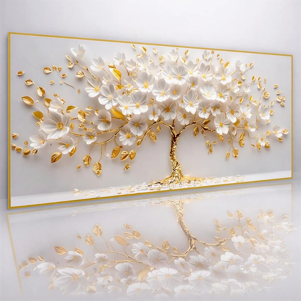 Quadro Decorativo Arvore Da Vida Grande Ouro Branco Luxo Sala Quarto 110x70