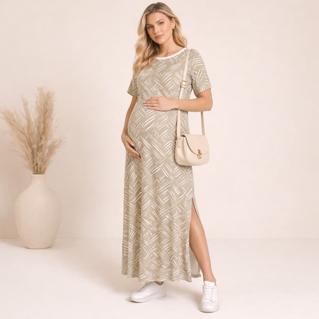 Vestido Gestante Longo Básico Elegante com Bolsos Funcionais