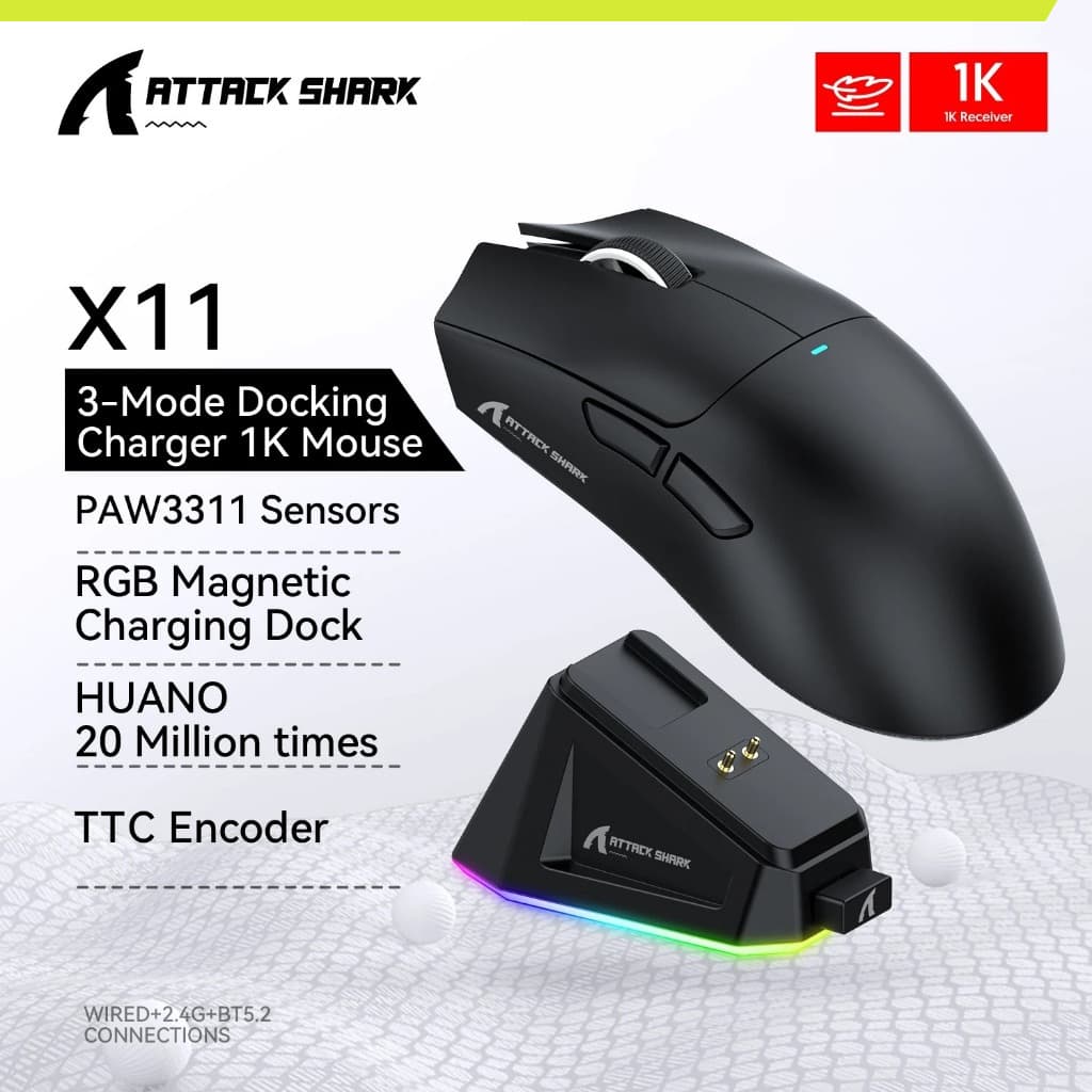 Mouse Gamer Attack Shark X11 Com Dock de Carregamento, Sem Fio, Tri-Mode, Sensor PAW 3311