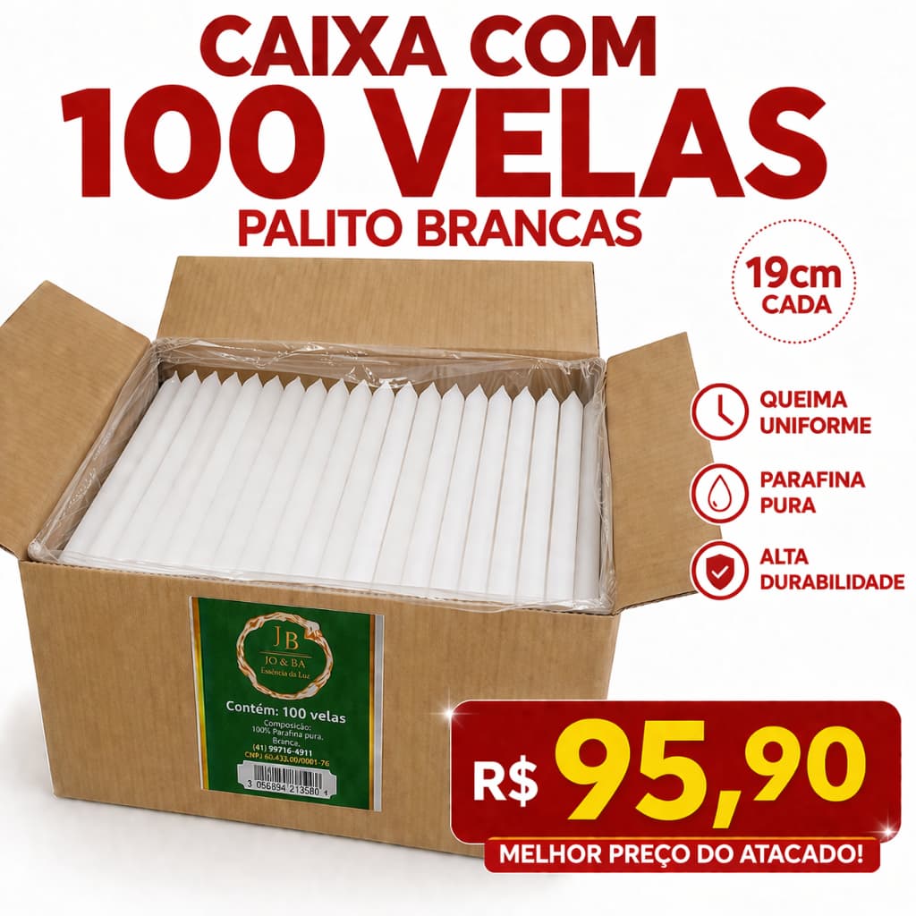 Caixa 100 Velas Palito 19cm Branca 100% Parafina Pura Kit Atacado Uso Religioso