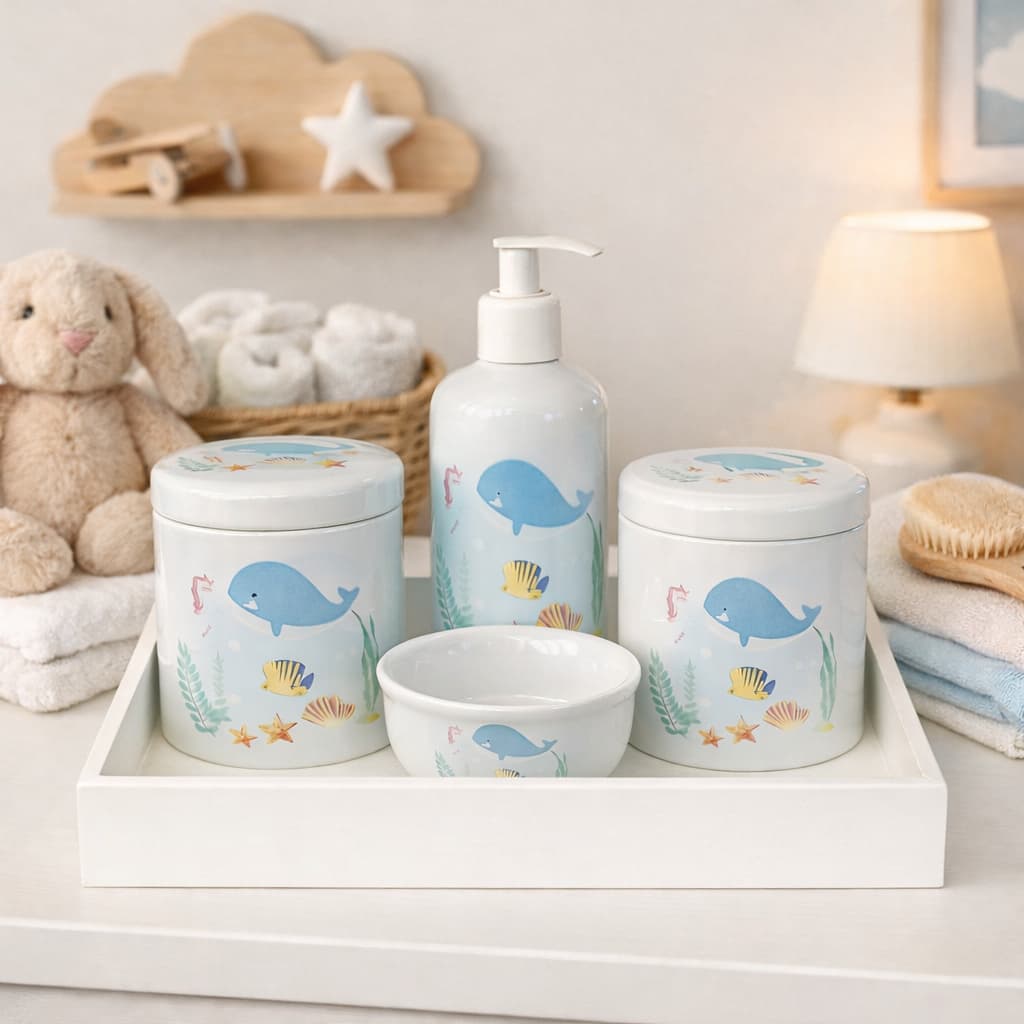 Kit Higiene Fundo Do Mar Decoracao Organizacao Porcelana Decorada