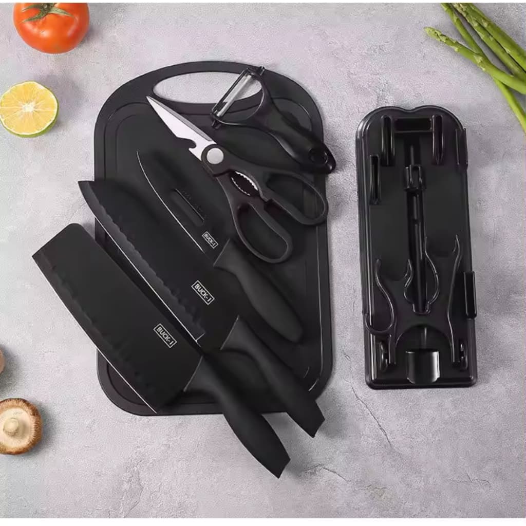 Kit 7 Facas de Cozinha Inox Preto Premium | Com Suporte e Tábua - Cabos Ergonômicos e Acessórios Completos