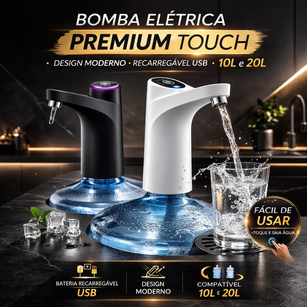 Bomba Elétrica Premium Touch para Galão 10L e 20L – Botão Automático 600ml | Recarregável USB | Preta ou Branca