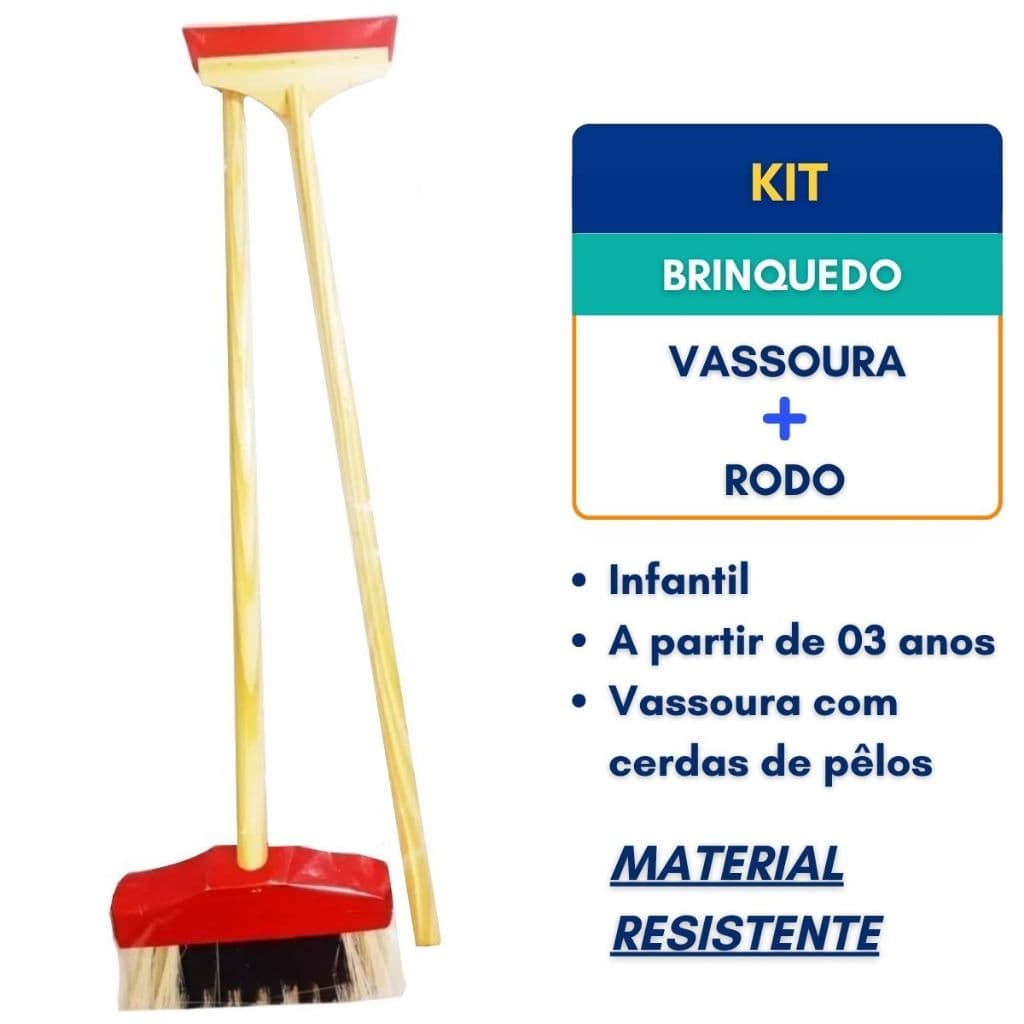 Kit Limpeza Brinquedo Infantil Vassoura Cerdas Pêlo e Rodo Vassourinha e Rodinho Criança Educativo