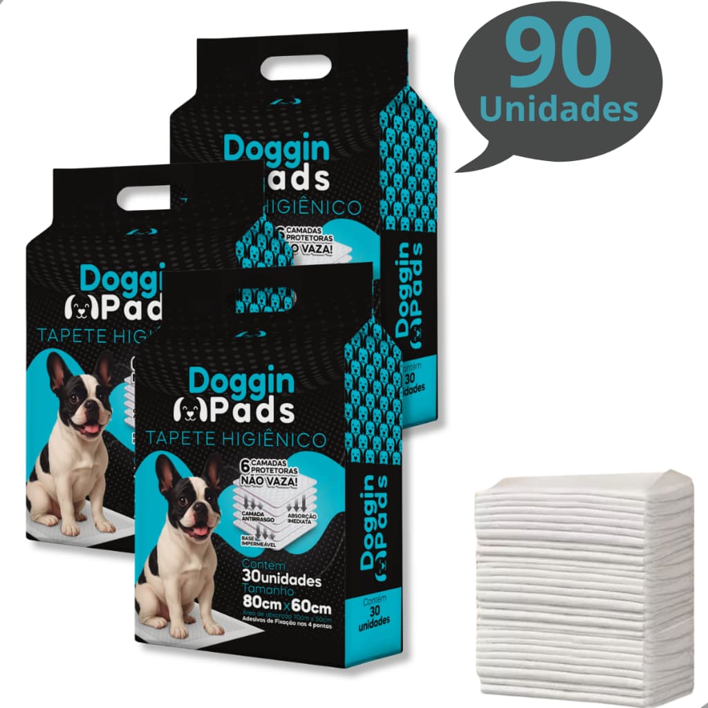 Kit 3 Tapete Higiênico para Cachorro Doggin Pads 80 x 60 cm - 90 Unidades