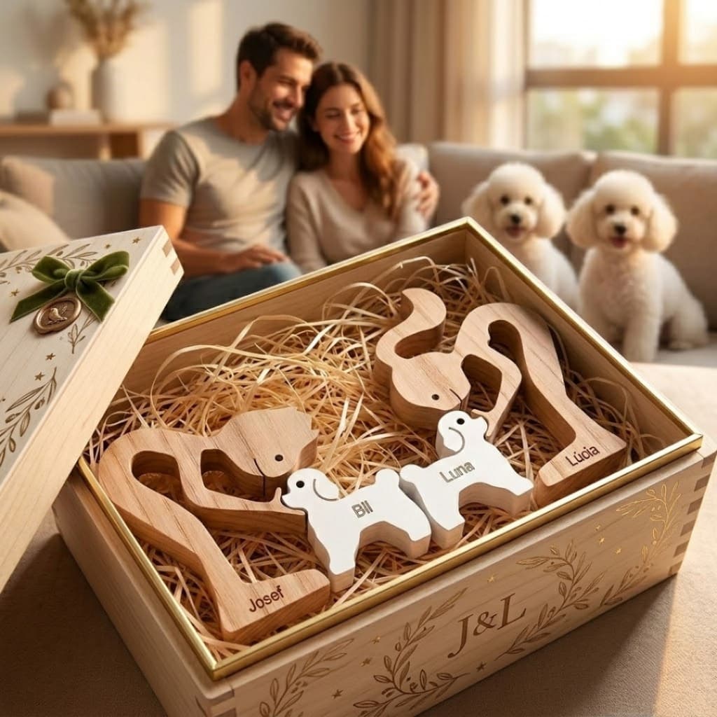 Escultura em Madeira MDF Casal e Dois Pets Presente Item Decorativo ao Cachorro ou Gato