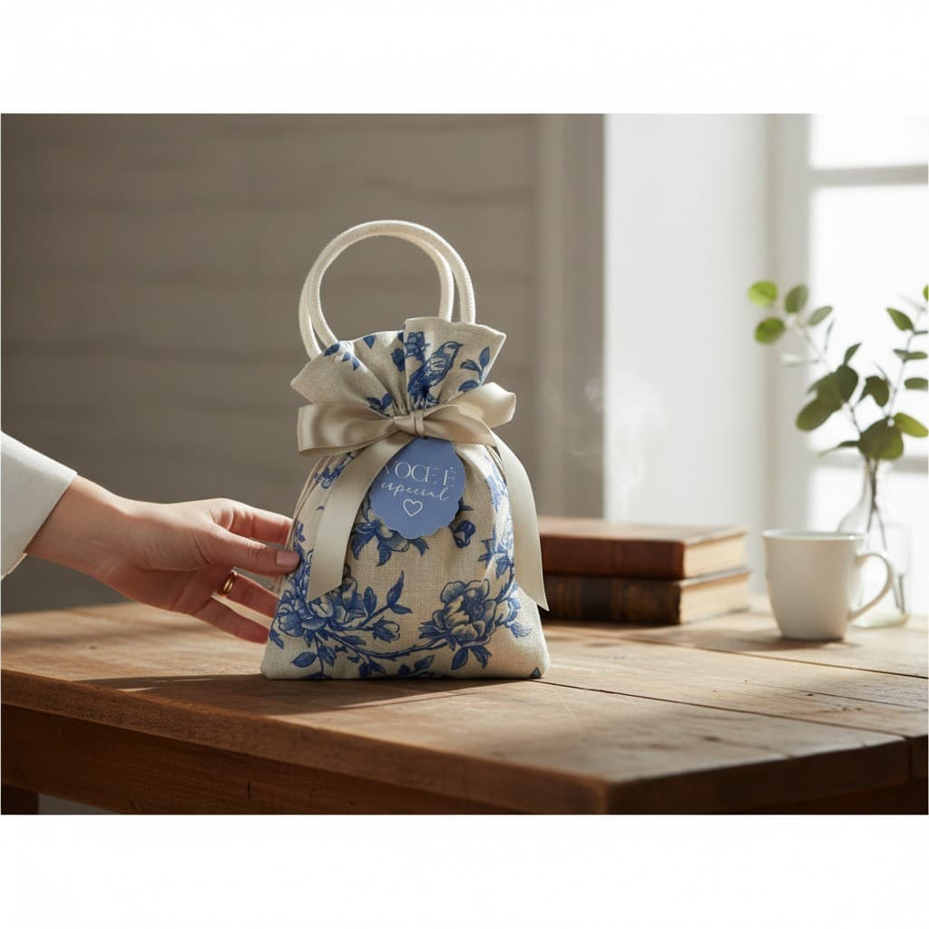 Saquinho Puxadinho com Alça Linho Estampado - Dia das Mães - Tuile Azul + Fita de Cetim e Tag