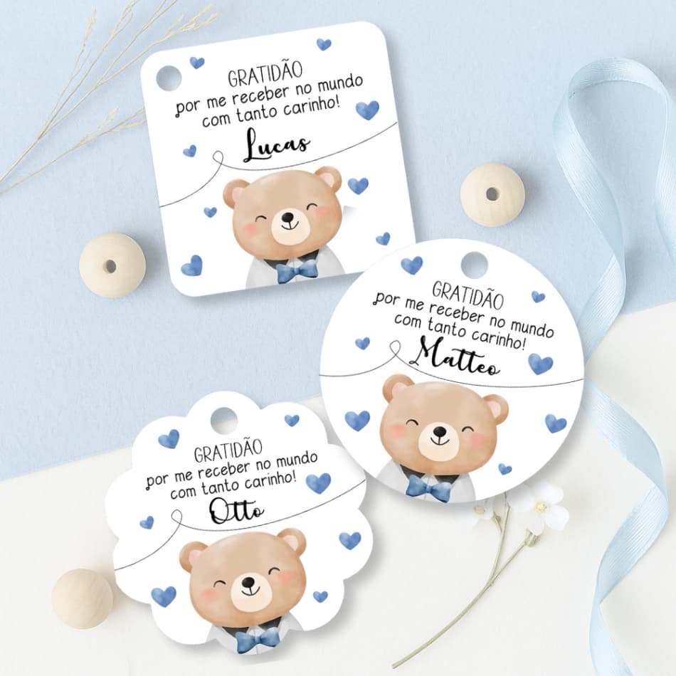 Tag Agradecimento Ursinho Azul Escuro - Lembrancinha Saída Maternidade Menino Chá de Bebê