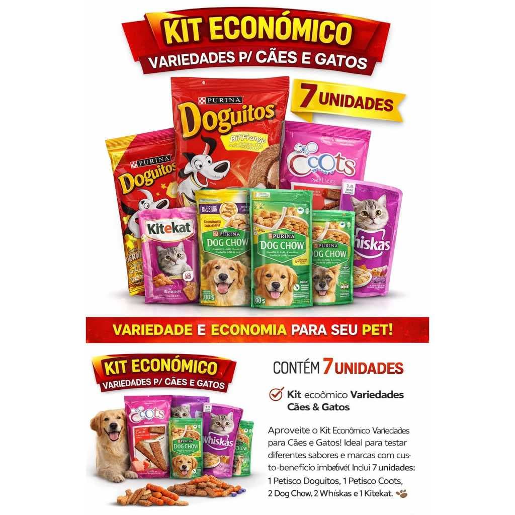 Kit Econômico Pet 7 Unidades – Sachês + Petiscos Cães e Gatos Variados | Dog Chow, Whiskas, Kitekat e Mais kit pet gatos
