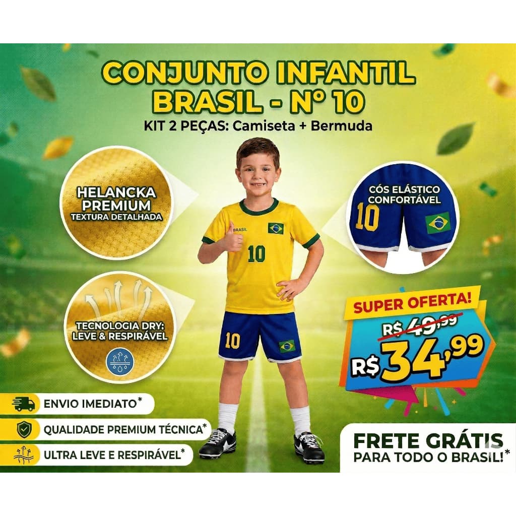 Conjunto Infantil Brasil N° 10 - Camiseta e Bermuda de Futebol - Alta Qualidade - Envio Imediato