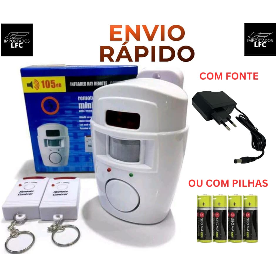 Kit Alarme Residencial Sem Fio Sensor de Presença + 2 Controles (Funciona com Pilhas ou Fonte 5V)