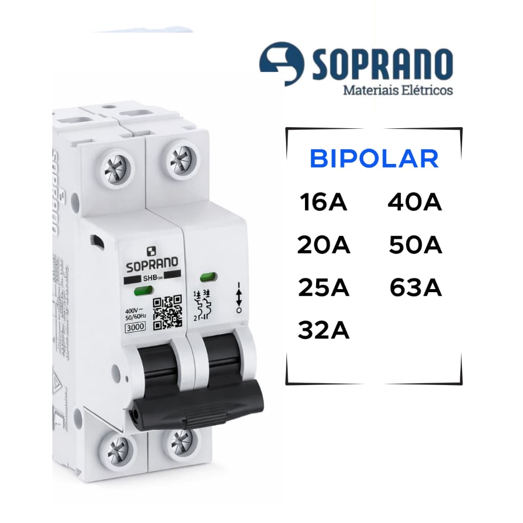 Disjuntor Bipolar 2 Polos 16A 20A 25A 32A 40A 50A 63A SOPRANO