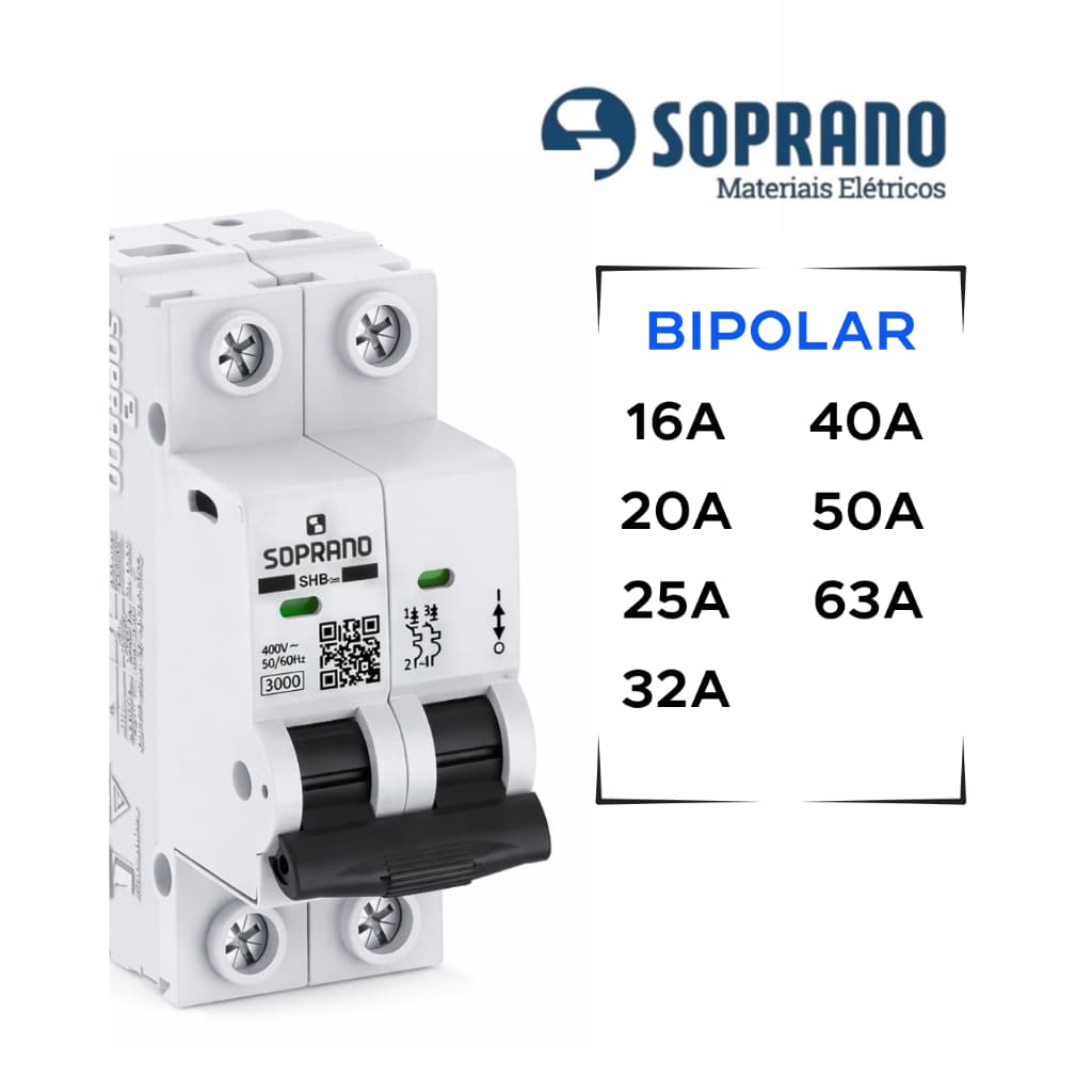 Disjuntor Bipolar 2 Polos 16A 20A 25A 32A 40A 50A 63A SOPRANO