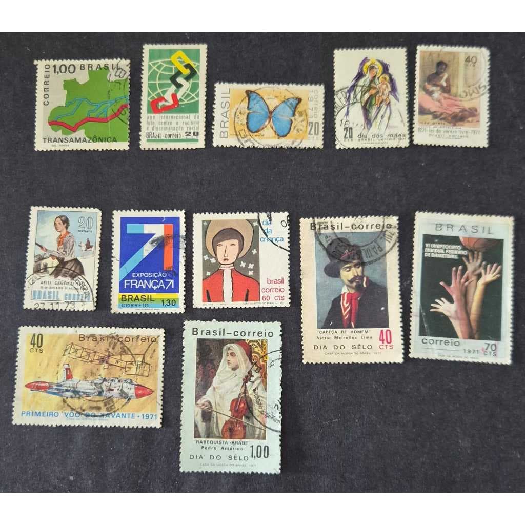 Lote com 12 selos usados dos correios, 1971, incluindo o C700 - Transamazônico. Filatelia.