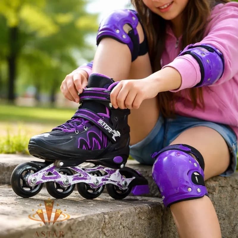 Patins Infantil Inline Preto Roxo De 4 Rodas Reto Ajustável Patins Meninos Com Freio Meninas