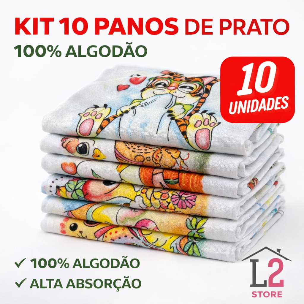 Kit 10 Panos de Prato Copa Cozinha Estampados Algodão Alta Absorção