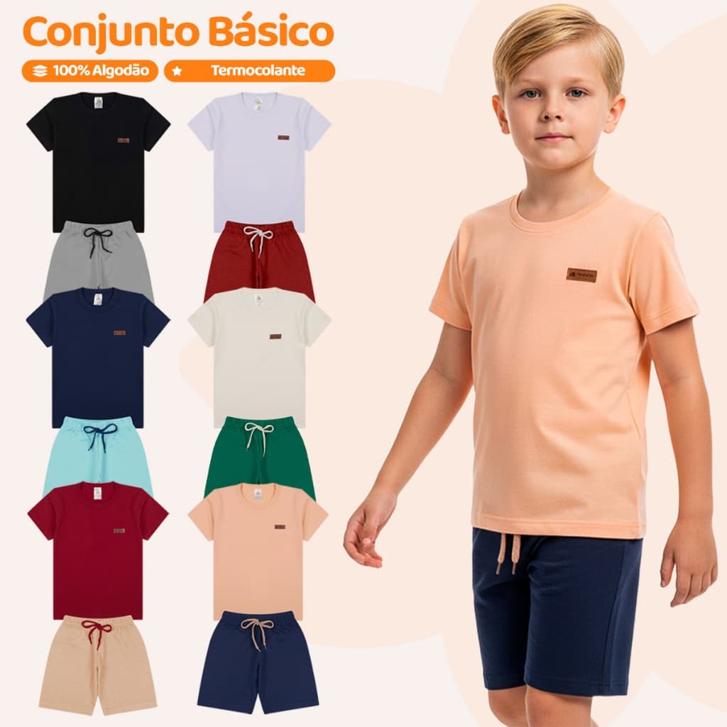 Kit Básico 8 Peças Roupa Infantil Menino - 4 Camisetas Básicas + 4 Bermudas - 4 Conjuntos Lisos Bebê Menino