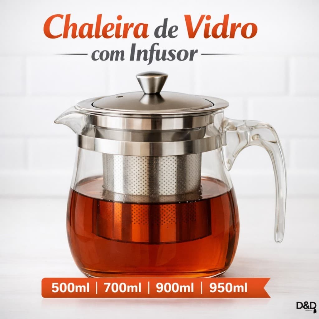 Chaleira de Vidro com Infusor Inox para Chá 500ml 700ml 900ml 950ml Bule Vidro Resistente Chá Ervas.