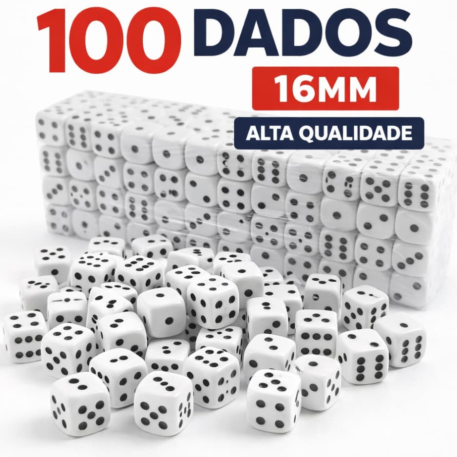 Kit 100 Dados 16mm Branco Para Bingo RPG Jogos Educativos Escola Matemática Alta Qualidade Atacado