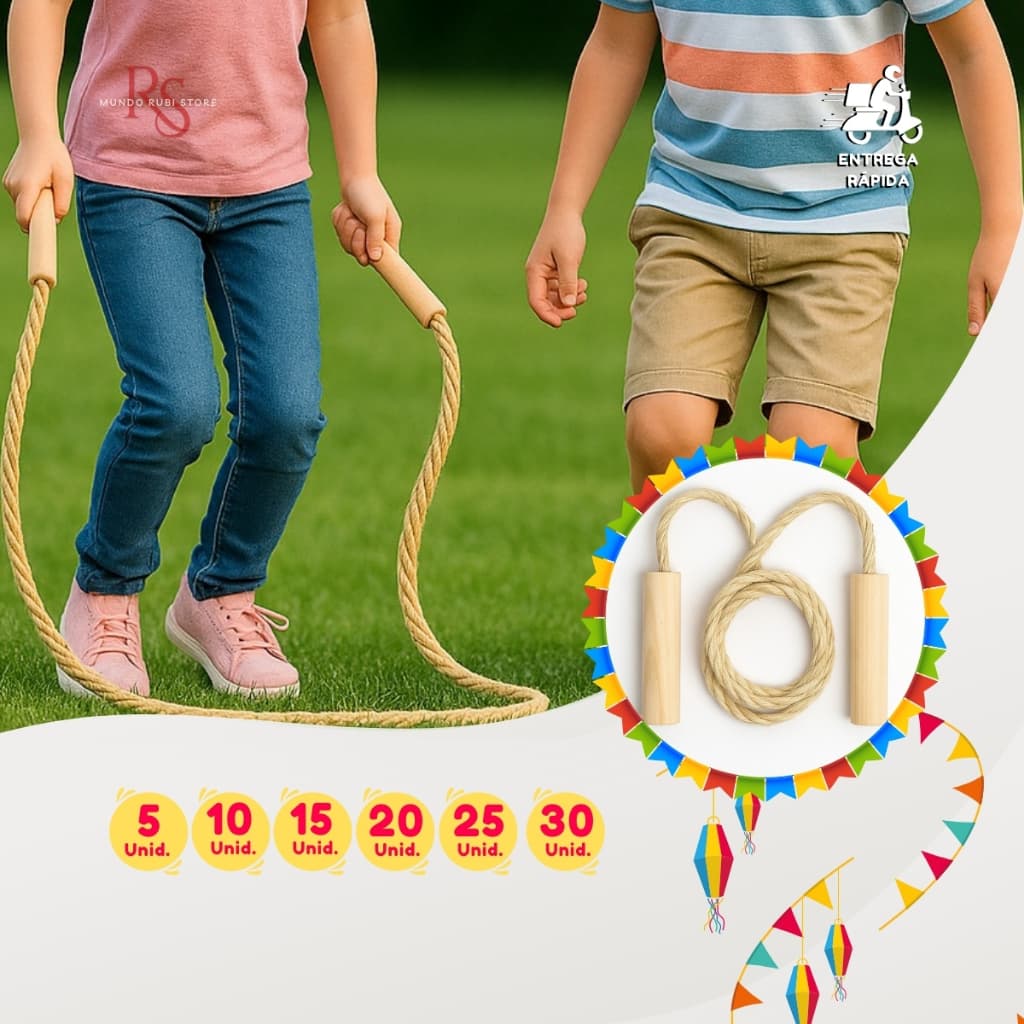 Pula Corda Infantil Sisal 1,6m Kit 5 a 30 Unid. Festa Junina Prendas Brinquedo Presente Festa São João