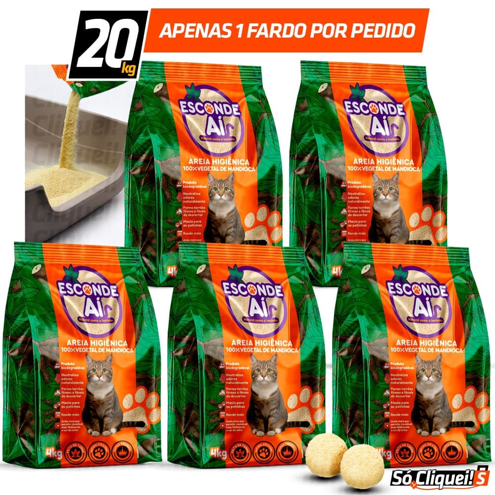 Kit Fardo 1 a 5 Pacotes de Areia de Gato Esconde Aí 100% Mandioca Biodegradável Grãos Finos Alta Absorção 20KG - FULL