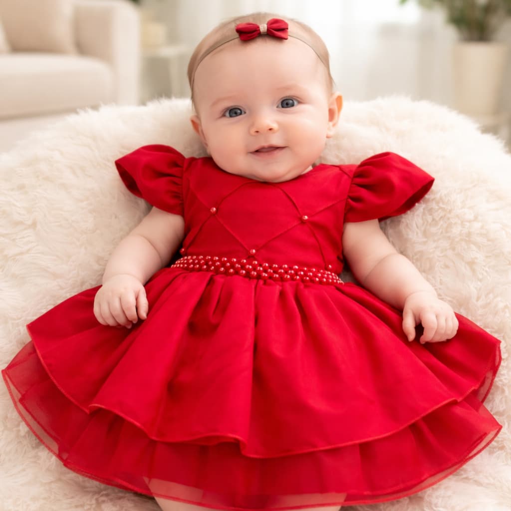 Vestido Infantil Cinto De Pérolas Manga Bufante Princesa Bebê Menina Rn A 2 Anos Luxo Festa Batizado