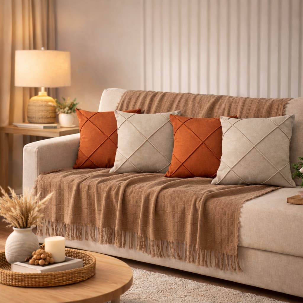 Kit Manta + Capas de Almofada Sued Drapeada Decoração Sala Sofá Manta P 1,40 x 1,70m