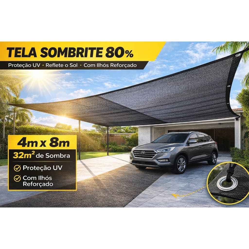 Tela Sombrite 80% 4x8 Com Ilhós Reforçado | Proteção UV Para Garagem Piscina Pergolado Jardim Sombra 32m²