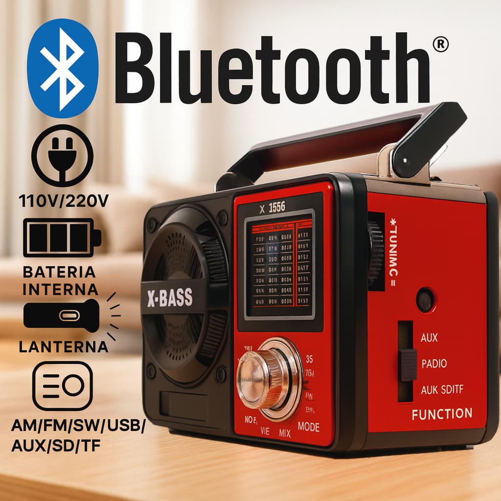 Rádio Retrô AM/FM Vintage Portátil com bluetooth 1088 Recarregavel ou pilha ou tomada Pendrive