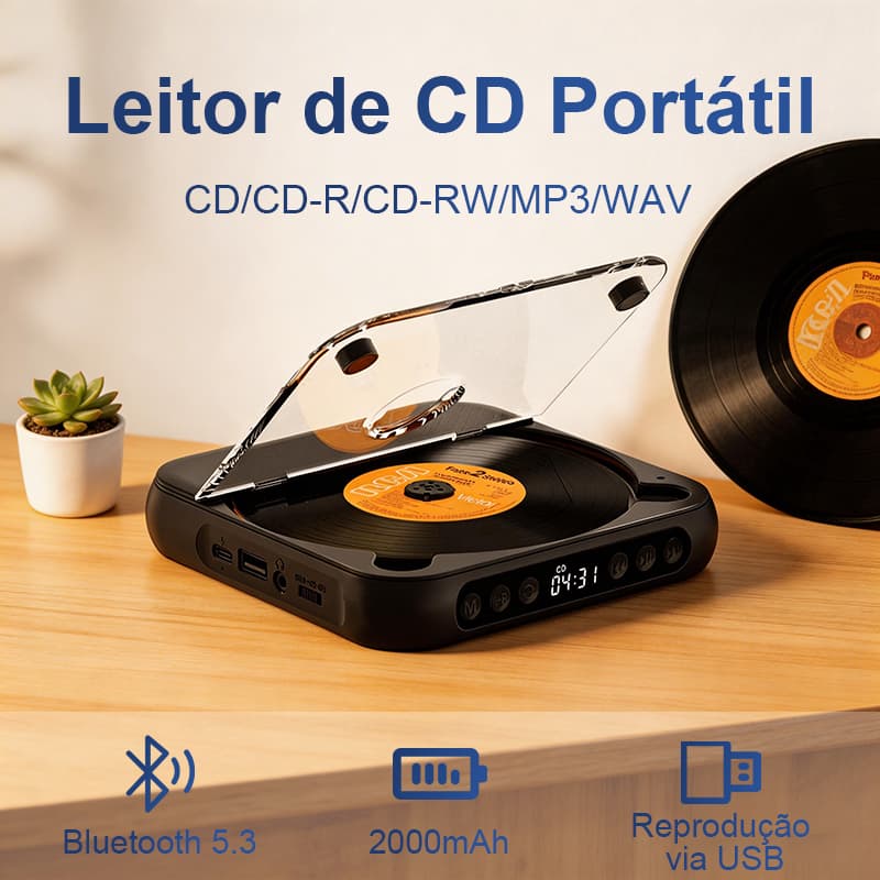 Leitor de CD Portátil Bluetooth Recarregável USB Com Fones de Ouvido Suporta CD-R CD-RW MP3 WMA