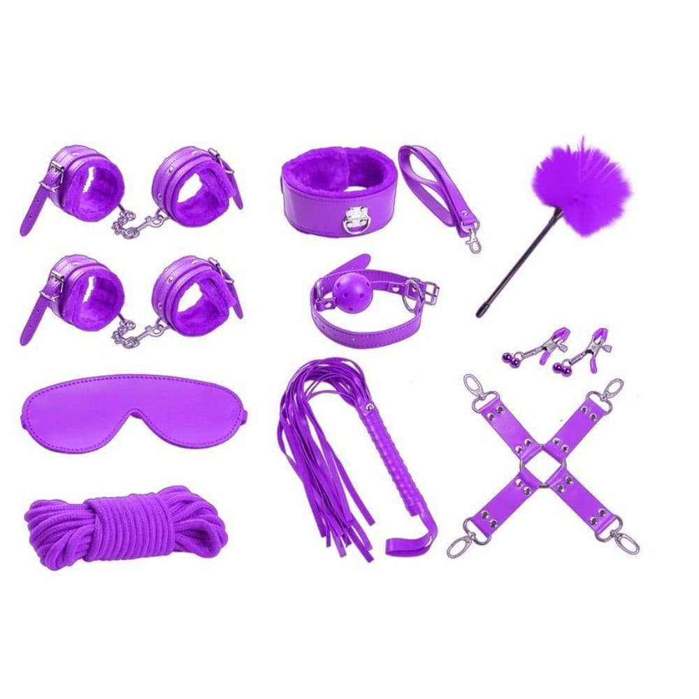 Kit BDSM 10 Peças Bondage Algema Chicote Fantasia Casal