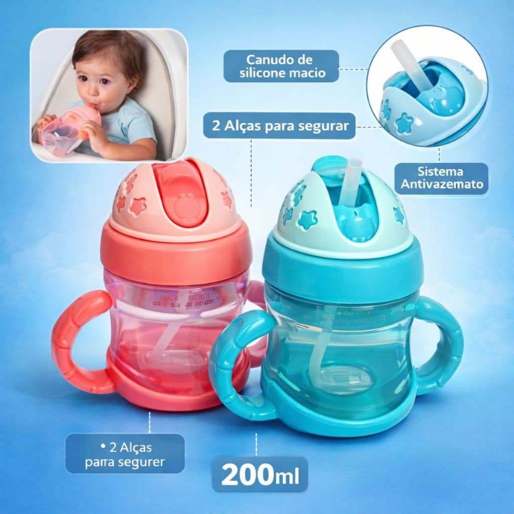Garrafa Copo Baby Treinamento Com Tampa E Canudo Silicone + Alca De Plastico 200 ml