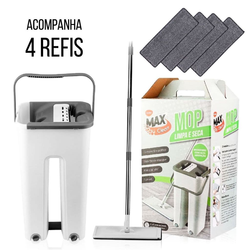 Rodo Mop Flat Esfregão kit 2 ou 4 Refil Mopi Rodo Magico Lava e Seca e Limpa Facil com Balde