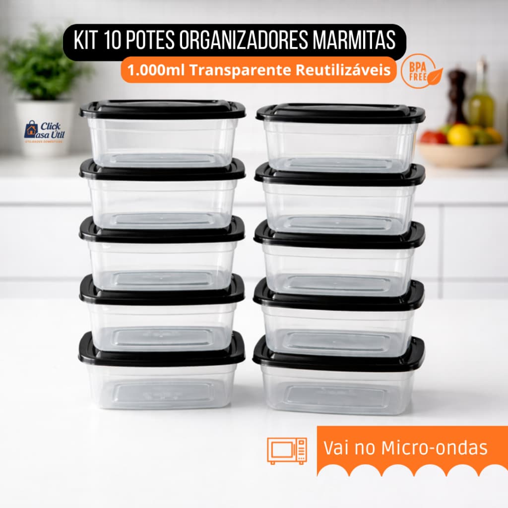 Kit 10 Potes Marmitas 1L 1kg Tampa Color -> BPA FREE Vasilhas Freezer Microondas banho maria lavavel
