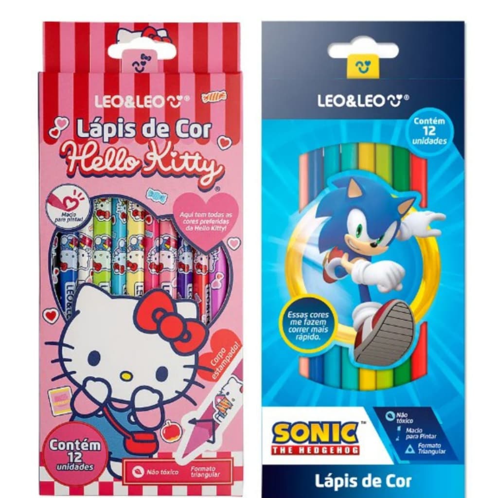 LÁPIS DE COR CORES DOS PERSONAGENS HELLO KITTY 12 CORES TRIANGULAR LEO&LEO