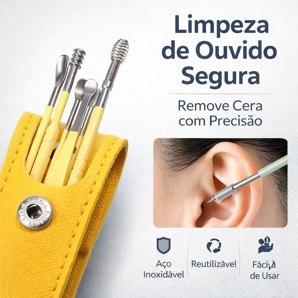 Kit Limpeza de Ouvido Profissional 6 Peças Inox – Remove Cera com Segurança Reutilizável