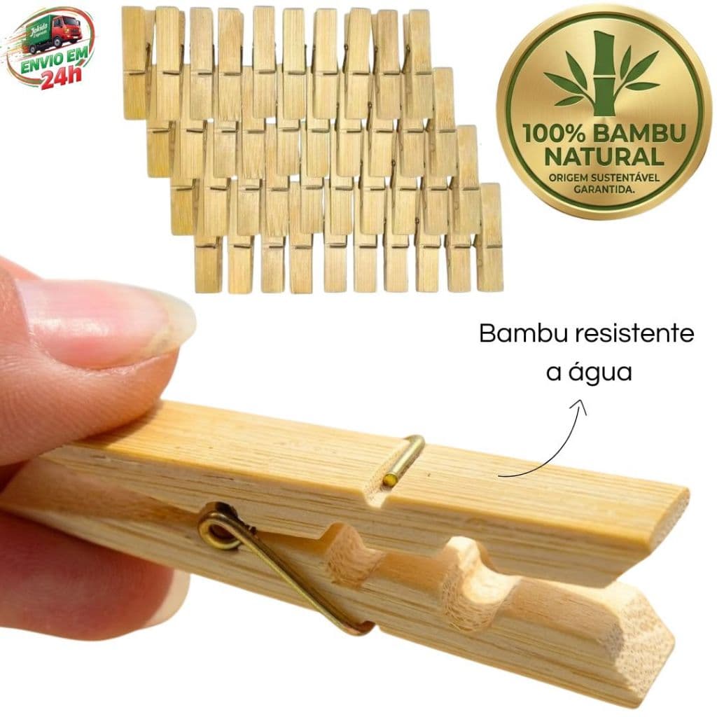 Kit Pregador de Roupa Bambu Prendedor de Madeira Reforçado Sem Farpas Pode Molhar Durável Resistente a Quebra