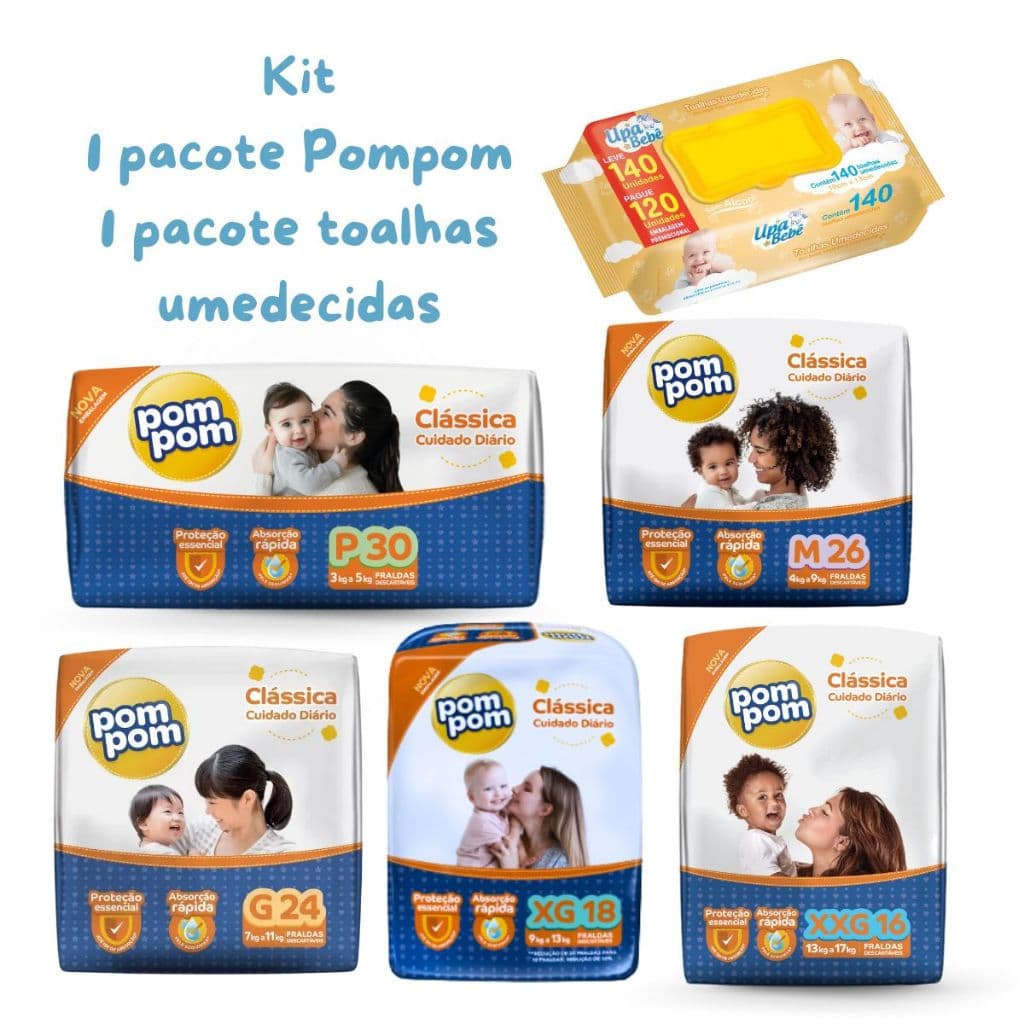 Kit 1 Pacote Fralda Pompom Clássica + 1 Pacote Toalhas Umedecidas Upa Bebê - Cuidado Diário