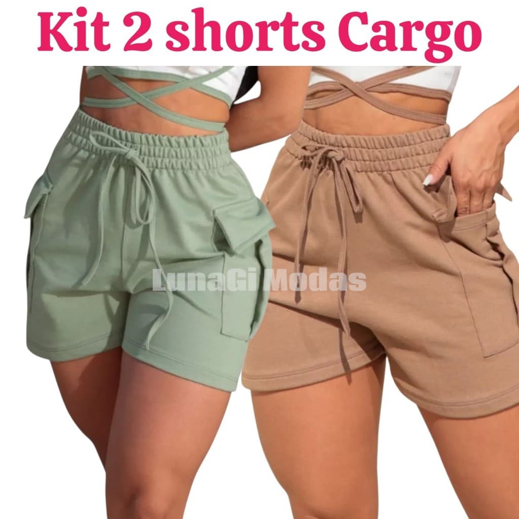 Kit 2 Shorts Cargo Feminino Moletinho bolsos laterais moda feminina tendência confortável 2025