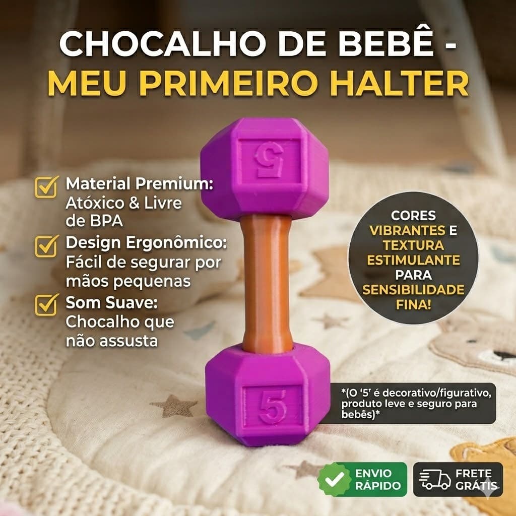 Chocalho Bebê Fitness Formato Halter Marombeiro - Brinquedo Sensorial Criativo Presente Chá de Bebê
